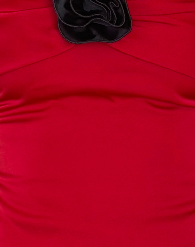 Astrum Satin Bandeau Top in Red with Black Rose