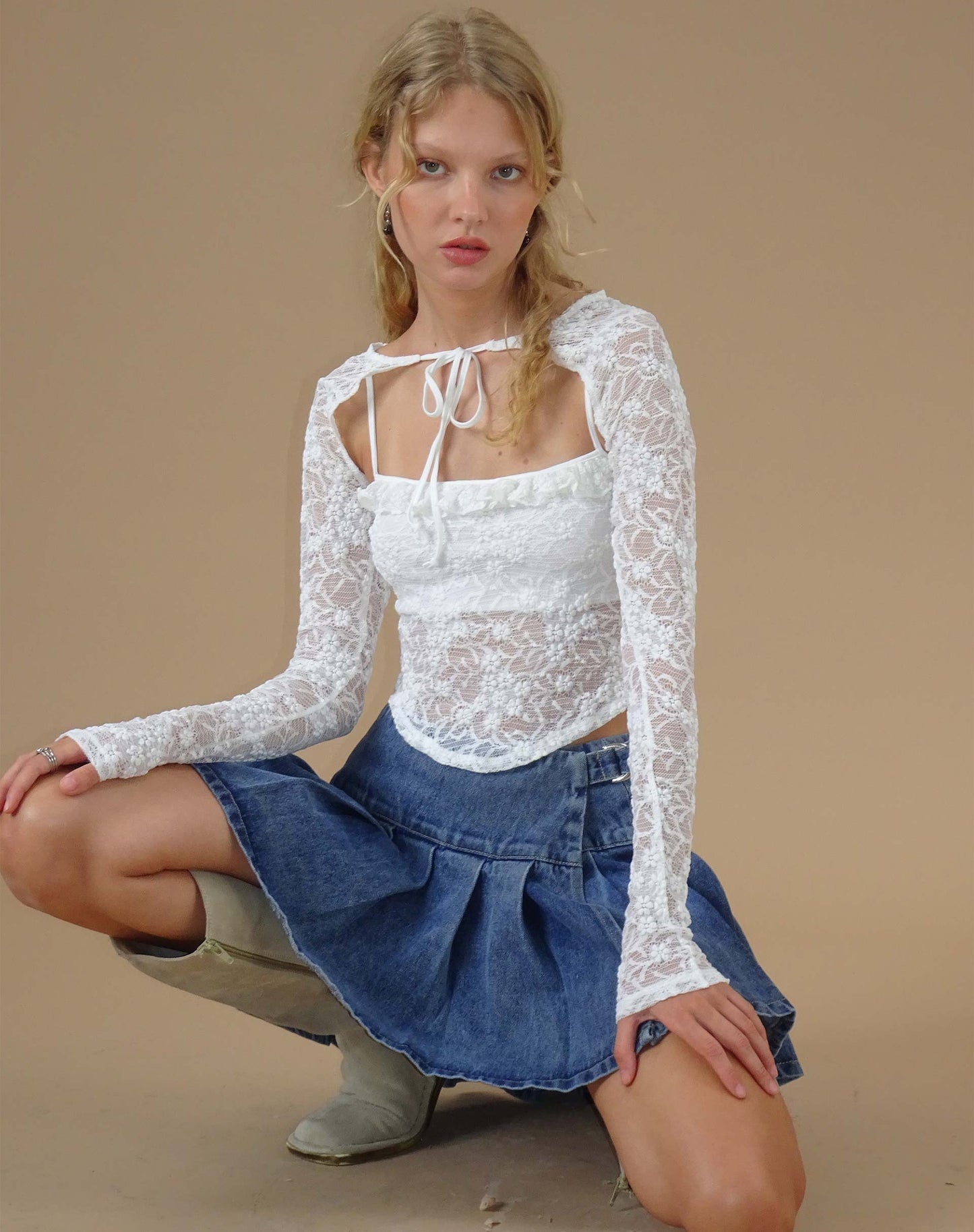 Carlina Long Sleeve Top in Lace Ivory