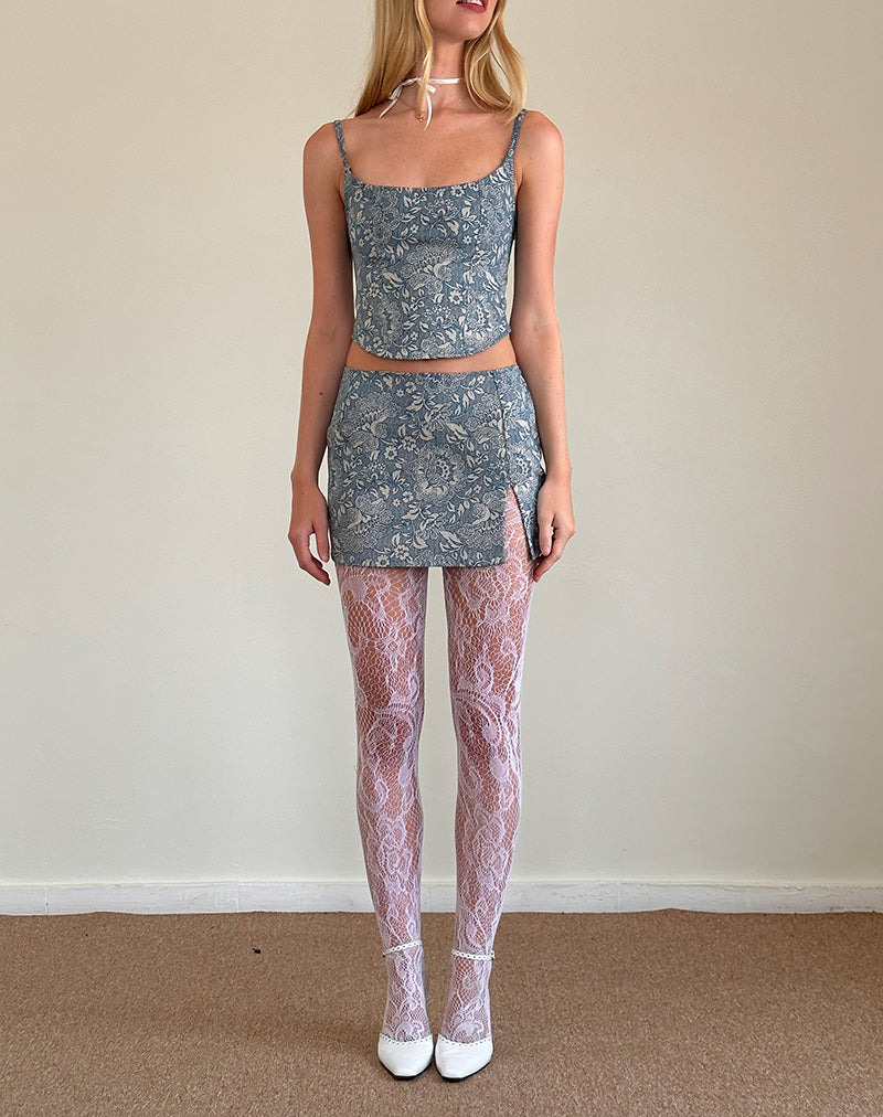 Pravara Mini Skirt in Blue Ornate Print