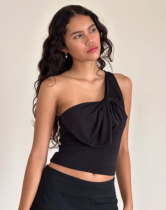Jovie One Shoulder Slinky Bow Top in Black