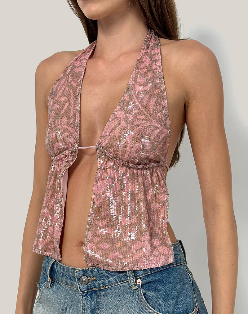 Rokudo Halterneck Top in Boho Batik Sequin Pink