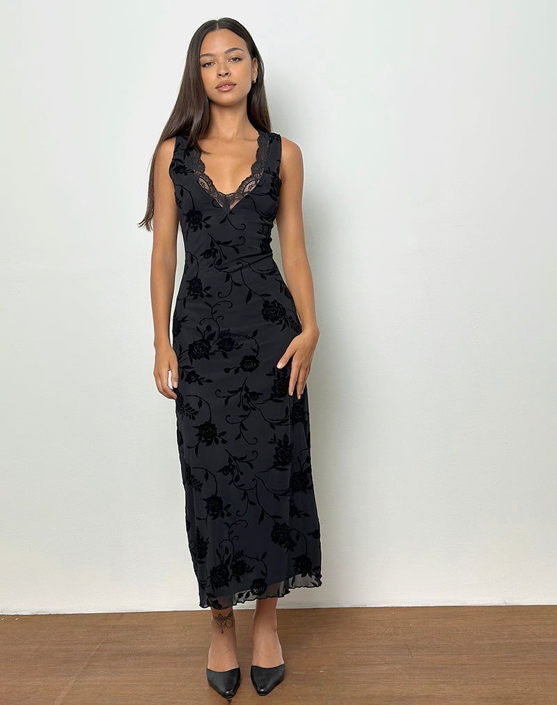 Saga Midi Dress in Rose Flock Black